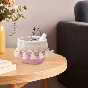 Cesta Tejida de Yute y Algodón Natural, Cesta Pequeña de Macramé con Borlas, Contenedor de Almacenamiento para Cosméticos, Productos para el Cuidado de la Piel, Organización de Escritorio - Product Image 2