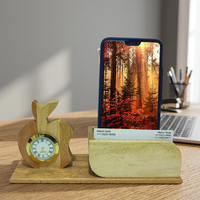 Houten appelklok met telefoonstandaard en kaarthouder, handgemaakt bamboe kantoor cadeau, creatief ontwerp