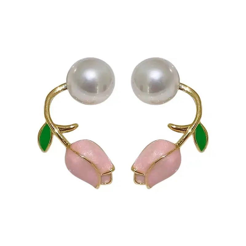 Pink Enamel Tulip Flower Gold Tone Pearl Ear Stud Geometric Earrings