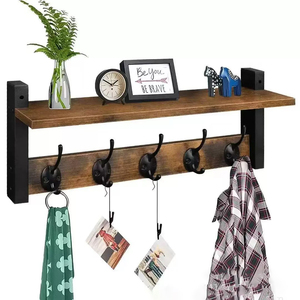 Porte-manteau mural avec étagère, en bois rustique, avec 5 crochets métalliques, <span class=keywords><strong>pour</strong></span> entrée, avec étagère supérieure <span class=keywords><strong>pour</strong></span> le rangement - Product Image 4