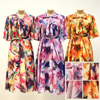 Robe MIDI pour femme en mousseline de soie, coupe trapèze, à manches courtes, col imprimé élégant avec nœud, à lacets, tendance estivale, vente en gros