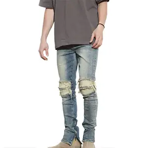 Custom faded washed ripped knee moto jeans for man