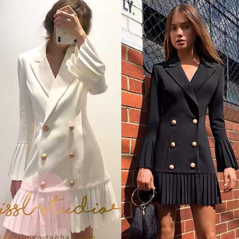 French Style Autumn and Winter Hepburn Style Suit Skirt Pleated Flared  Sleeves Splicing Coat Skirt for Women One Piece Dress