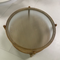 Table basse de salon de style moderne contemporain, cadre rond en bois de frêne massif avec plateau en verre, ensemble de table à thé en rotin