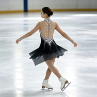 Robe de patinage artistique à col haut et manches longues, dégradé noir et blanc avec strass, en tissu mesh pour compétition et spectacle sur glace (adultes et enfants)