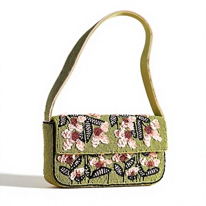 Bolso de Hombro Vintage Verde con Cuentas y Solapa para Mujer, con Bordado Floral Rosa - Product Image 1