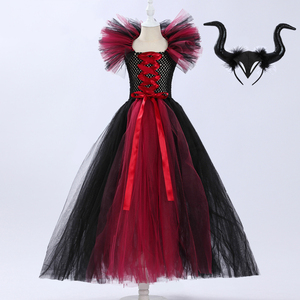 Disfraz de Maléfica para Niñas, Disfraz de Bruja, Disfraz de Reina Malvada, Disfraz de Halloween, Carnaval, Cosplay, Vestido de Tul con Volantes y Cuernos - Product Image 3