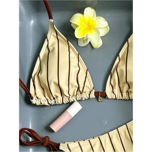 Ensemble de bikini contrasté rayé pour femme FOXA avec string et maillot de bain coquin en Spandex et Nylon extensible - Product Image 4