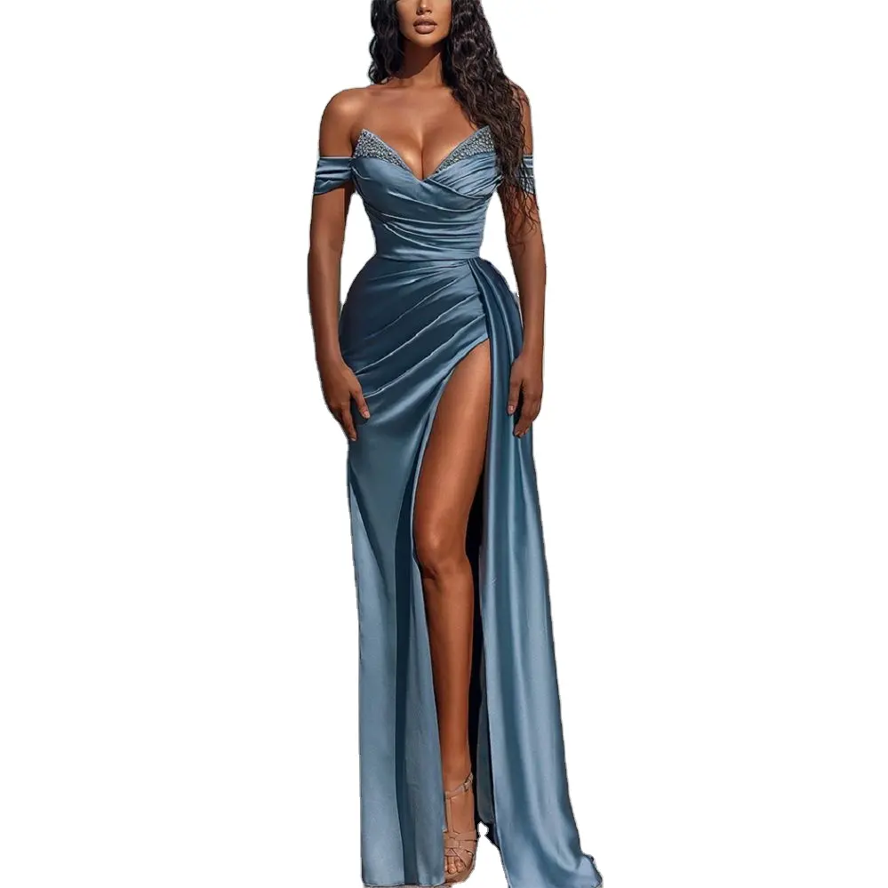 2024厚手の素材550グラムの女性のウエディングドレスノースリーブドレスセクシーウエスト伸縮性サテンイブニングドレス