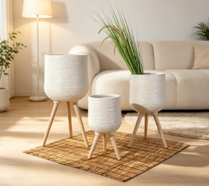 Modern Brushed Texture Waisted Standing Planter, Weather Resistant Decorative Cement Plant <b>Pot</b> for Home Hotel Lobby Commercial - Product Image 3