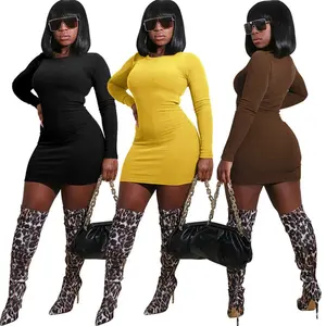 Channel Ready To Ship Crew Neck Casual Long Sleeve Ribbed Bodycon Mini Dress