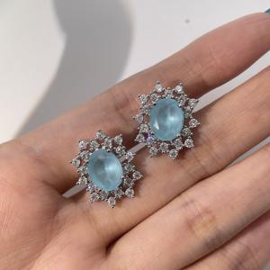 Tianyu Gems Classic Luxury Women's <b>Stud</b> <b>Earrings</b> in Brass Gold Plating Featuring Oval Sea-<b>Blue</b> Zircon Geometric Design - Product Image 4