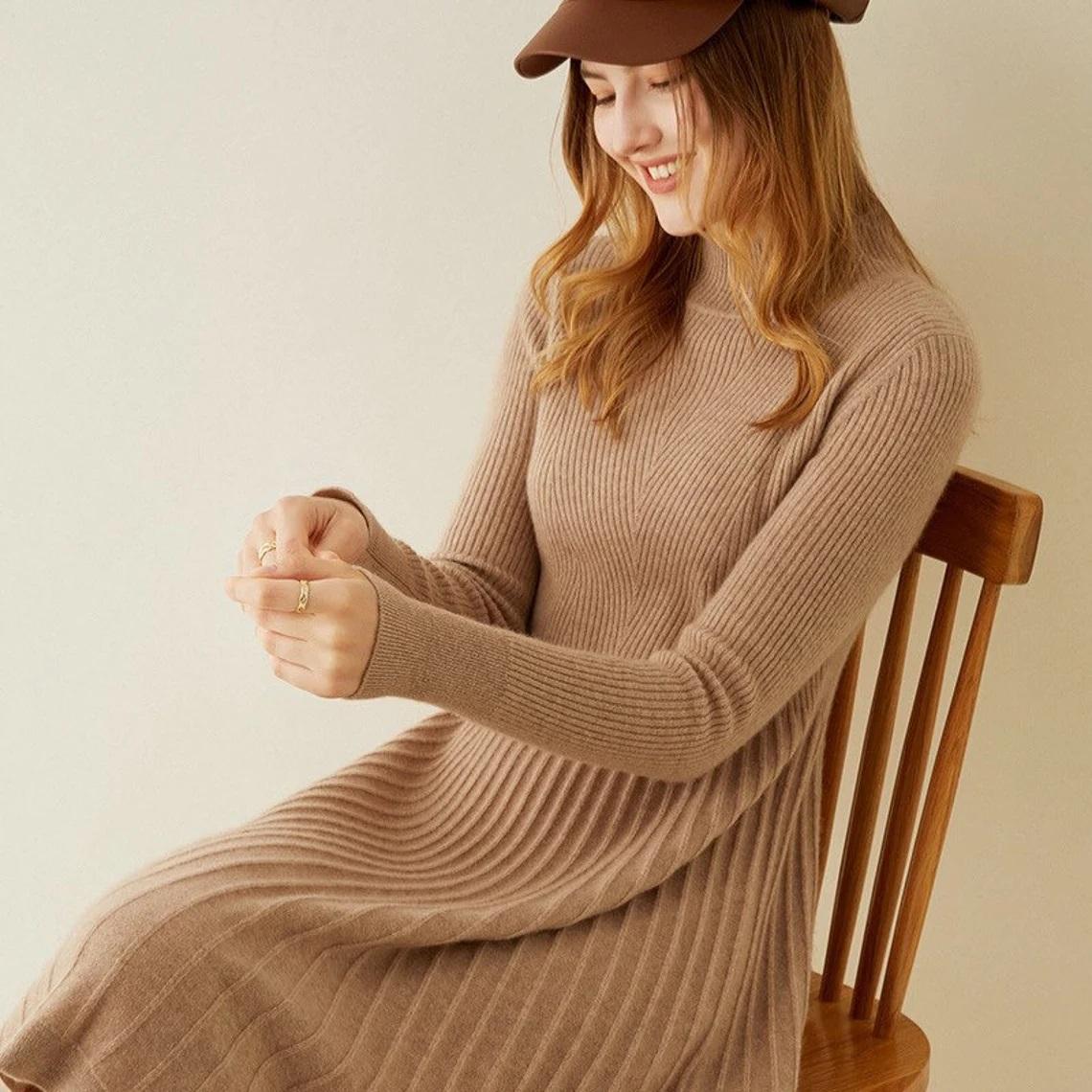 Ladies Real 100% Pure Cashmere Dress Falten rock Slim Fit Maxi Rib