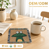 Sous-verre jacquard grenouille de dessin animé en coton et polyester avec franges colorées, tapis de table isolant thermique pour café et thé