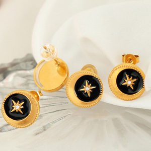 French Retro Star Pattern Gold Plated <b>Stud</b> <b>Earrings</b> <b>Black</b> Enamel Geometric Design Fashion Jewelry - Product Image 1