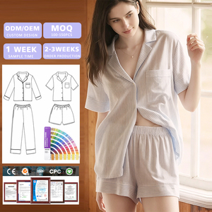Custom Women Cotton Striped Pyjamas Summer Short Sleeve Modal Sleepwear Bamboo Pajamas Sets for Women - Product Image 1