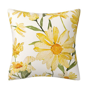 Housse de coussin carrée en tissu imitation lin jaune vif été 2026, motif fleur de marguerite, impression « Hello Happy Summer » - Product Image 4
