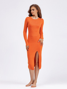 Ohsisa automne et hiver robe en tricot coupe ajustée vêtements intérieurs et extérieurs pour femmes robe mi-longue à manches longues enveloppant les fesses - Product Image 5