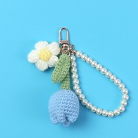 Porte-clés fleur de tulipe en peluche tissée à la main, écologique, avec perles, bracelet perlé, joli breloque de sac tricoté en forme de marguerite pour femmes et filles, cadeau