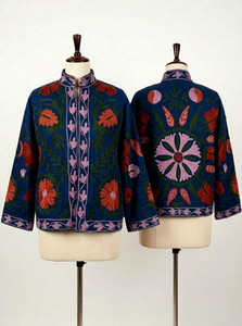 Chaqueta de Invierno Ecológica Bordada Suzani de SETU INTERNATIONAL para Mujer, Estilo Kimono Bohemio con Diseño Floral Azul, Hecha a Mano en Algodón con Frente Abierto - Product Image 5