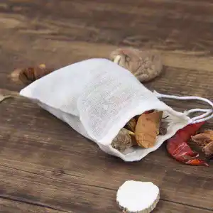 再利用可能な綿100% ティーバッグ小さなカスタマイズされた巾着ポーチオーガニック農産物モスリンバッグ、ロゴプリント付きパッキング用