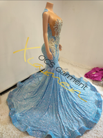 Robe de soirée scintillante à paillettes Ocstrade, sans manches, col rond, bleu, maxi, robe de bal élégante
