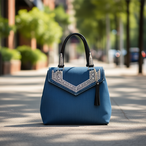 Bolso Tote de Mezclilla para Mujer Fana Maura, Decoración de Perlas Azules, Cierre de Solapa, Dos Asas, Uso Diario Informal - Product Image 2