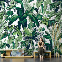 Peinture Murale Nature Effet 3D, Décoration Murale Fond d'Écran Feuilles Vertes Tropicales Feuilles de Bananier pour Chambre à Coucher