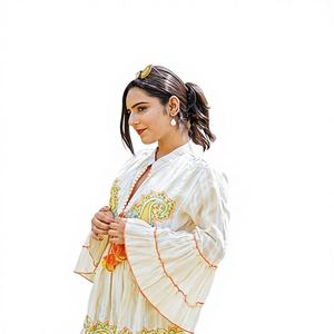 Robe midi bohème bleue et blanche à imprimé numérique, col en V, manches bouffantes, légère, décontractée pour l'été, en 100 % coton - Product Image 1