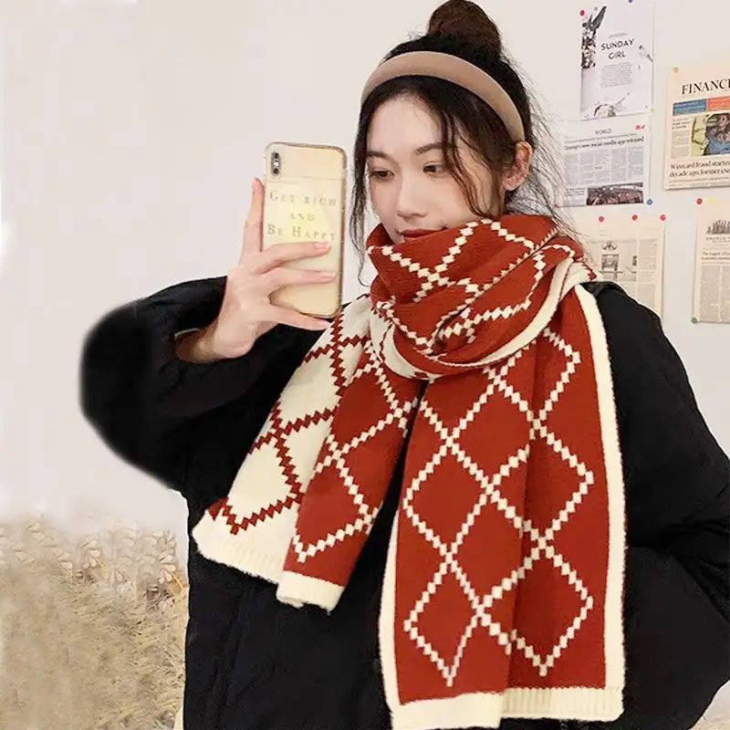 2023 Autumn and Winter New Daling Plaid Scarf Women's Autumn and Winter Korean Style Retro Knitted Shawl Thickened Warm Scarf