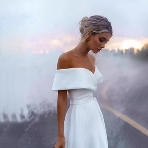 Off The Shoulder Satin Wedding Dress A Line Natural Waist White Bridal Gown Simple Style For Travel Photography - Product Image 2