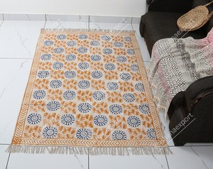 <b>Boho</b> Dhurrie Cotton <b>Rug</b> Handmade Block Print Carpet with Tassels Floor <b>Rug</b> Home Decor - Product Image 1