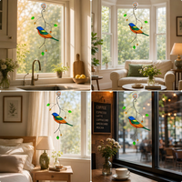 Attrape-soleil en verre coloré Art Déco avec motif d'oiseaux et de fleurs, décoration murale pour fenêtre