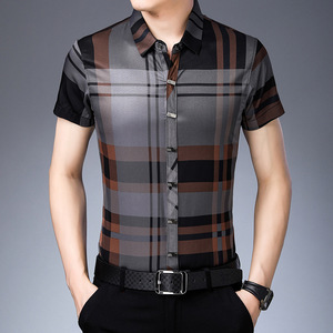 Di alta qualità con colletto ribassato <span class=keywords><strong>Slim</strong></span> <span class=keywords><strong>Fit</strong></span> a maniche corte Casual plaid camicie stampate da <span class=keywords><strong>uomo</strong></span> - Product Image 6