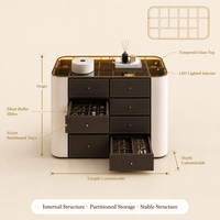 Armoire à bijoux en cuir crème, directement de l'usine, avec dessus en verre trempé fumé, éclairage LED et rangement écologique