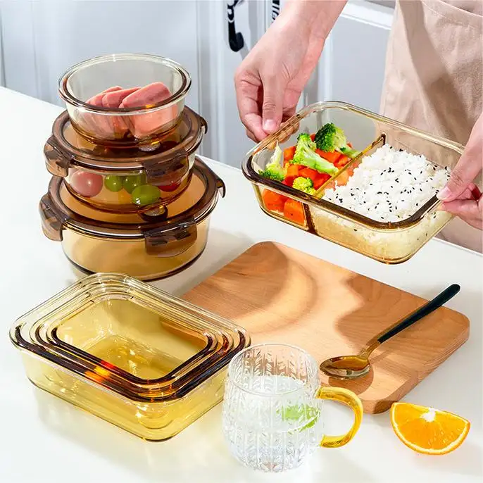 Amber Color Glass food container set High Borosilicate Glass food warmer container air tight food storage containers