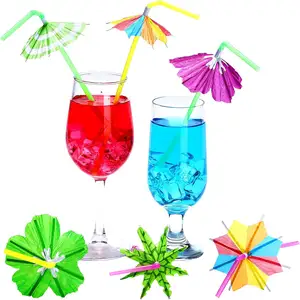 Wholesale Cheap Price Disposable Straws With Umbrella Luau Party Decorations Bendable Hawaiian Cocktail Straws With Umbrella
