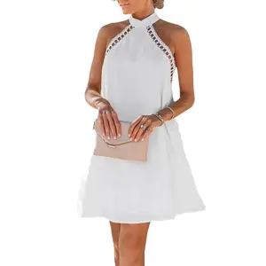 Nueva llegada OEM ODM personalizado blanco Stand Collar vacaciones espalda descubierta Halter vestido de fiesta vestidos mujeres señora elegante