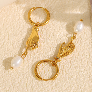 Fashion Drop Earrings Gold <b>Hand</b> Design Freshwater Pearl Zinc Alloy Party Jewelry EH811 - Product Image 3