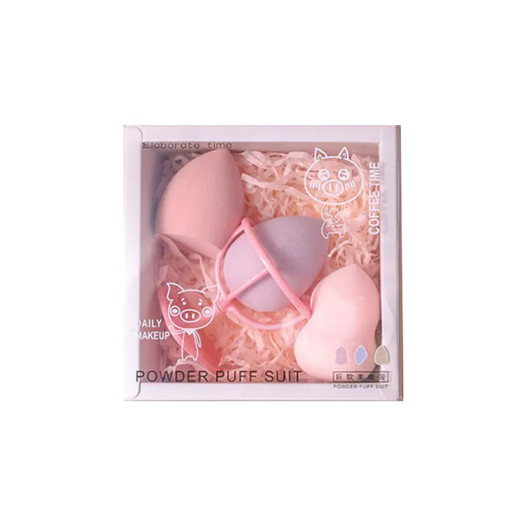 2024 New Style Valentine Romantic Purple Pink Soft 3pcs Beauty Sponge Cosmetic Puff Makeup Blender Holder Gift Set