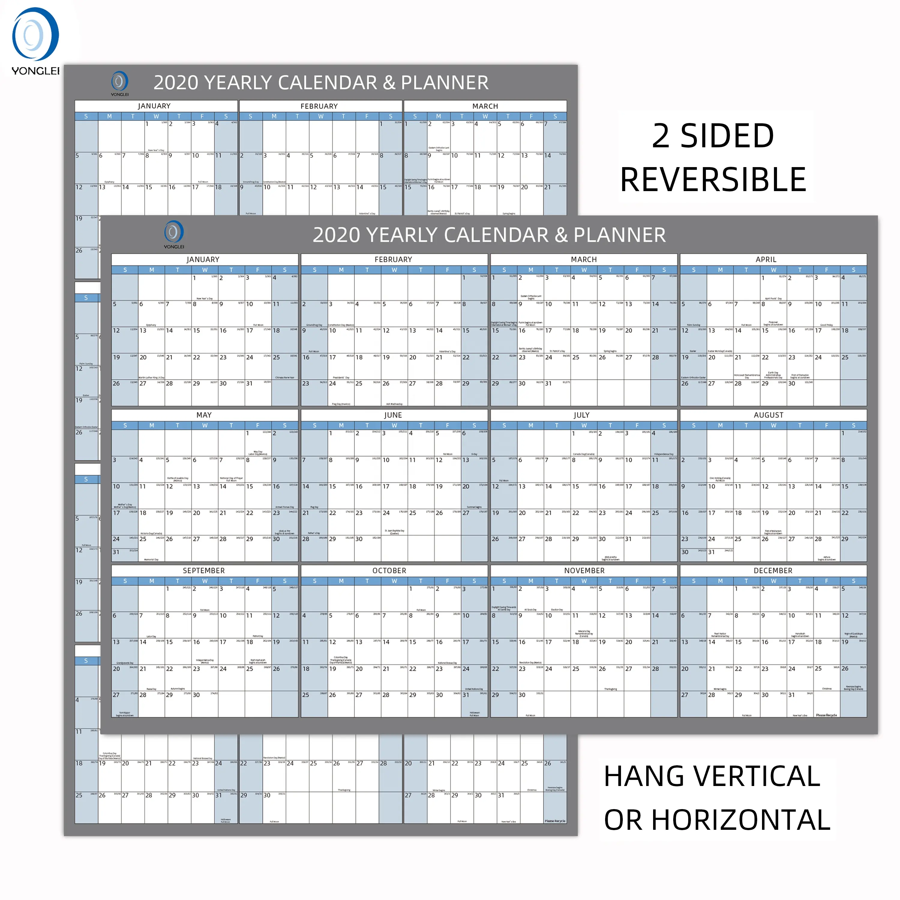 019-1A2 Double sided vertical/horizontal erasable large countdown wall calendar planner 2020 year calendar 2020