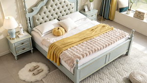 Cama elegante con poste de madera maciza, cabecera tapizada en azul claro con botones, cama con plataforma para dormitorio principal, muebles para el hogar - Product Image 5