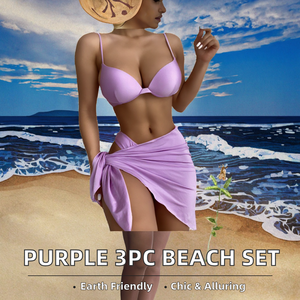 ชุดเดรสชายหาดลายสก็อตสีม่วงอ่อน ผลิตตามสั่งจากโรงงาน บริการ OEM รับทำโลโก้ส่วนตัว ชุดบิกินี่ 3 ชิ้น ดีไซน์หรูหรา เซ็กซี่ เป็นมิตรกับสิ่งแวดล้อม - Product Image 2