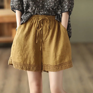 Women's Cotton Linen Shorts Burnt Yellow Crochet Hem <b>Drawstring</b> Waist Casual Summer Pants With Pockets Breathable Mid Waist - Product Image 1