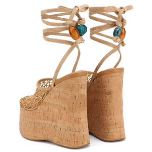 Sandales à talons compensés hauts pour femmes, à empeigne en résille, plateforme épaisse, à lacets à la cheville et découpes en maille - Product Image 3