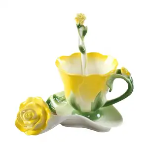 New 3D rose shape design hand crafted Porcelain Coffee Tea Cup Sets with heart shape saucer