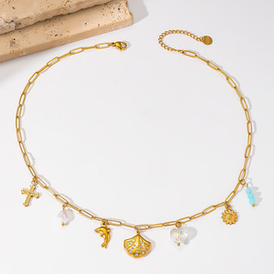 European American Retro Gold Plated Dolphin Scallop Pendant Necklace With Iridescent Heart Pearl Stainless Steel Chain Gift - Product Image 4