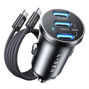 Chargeur de voiture LISEN en métal 72W triple USB C, charge rapide PD 36W PPS, adaptateur allume-cigare <span class=keywords><strong>3</strong></span> ports Type C, <span class=keywords><strong>prise</strong></span> d'alimentation pour voiture et camion - Product Image 1