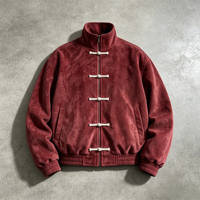 Blouson Bomber Personnalisé OEM Vintage Écologique à Capuche avec Boutons Chinois, en Polaire PU, Col Montant Brodé