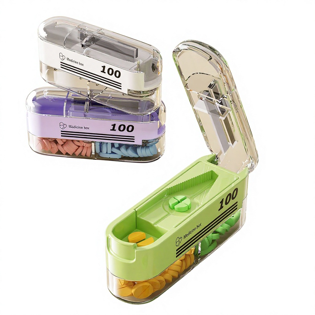 New Portable Plastic Medicine Box with Lid Medicine Cutter Dispenser Precision One-Half 1/4 Tablet Compartment Capacity 2